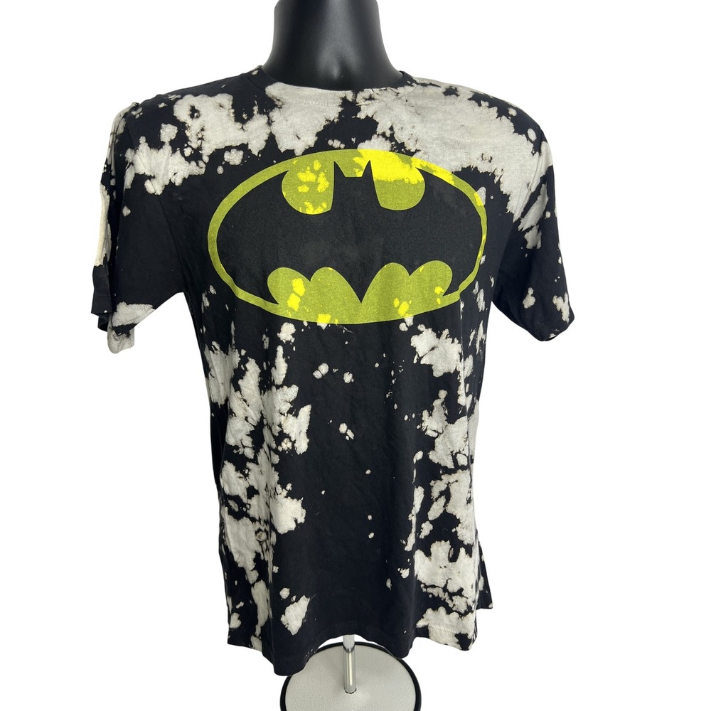 Batman Shirt Mens Small Black Yellow Tie Dye Bleach DC Comics‎ Superhero Tee
